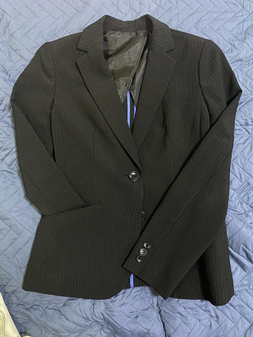 TOPVALU Black Pinstripe Suit Blazer Jacket (Category: Coats, Jackets and Outerwear) located in Manila. Submitted by escherichiaa (Listing ID 1467124647, Image 1). Description: - Brand: TOPVALU - Color/Pattern: Classic black with subtle pinstripes - Material: 93% polyester, 5% polyurethane, 2% rayon; 100% polyester lining - Closure: Single front button with matching cuff buttons - Style: Standard notch lapel collar and functional flap front pocket