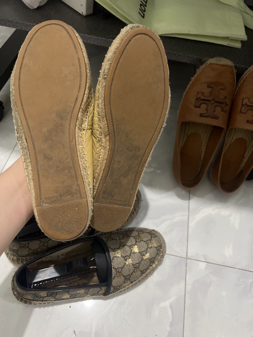 Tory Burch and Gucci Espadrilles Collection (Category: Sneakers & Footwear) located in Marikina City. Submitted by ash_2 (Listing ID 1467026240, Image 2). Description: Espadrilles cream croc-embossed Tory Burch flats, GG Supreme bee motif Gucci slip-ons, and tan leather Tory Burch loafers. Jute rope soles with rubber outsoles. Great rotation for warm weather outfits. Various designer styles in classic neutral tones..