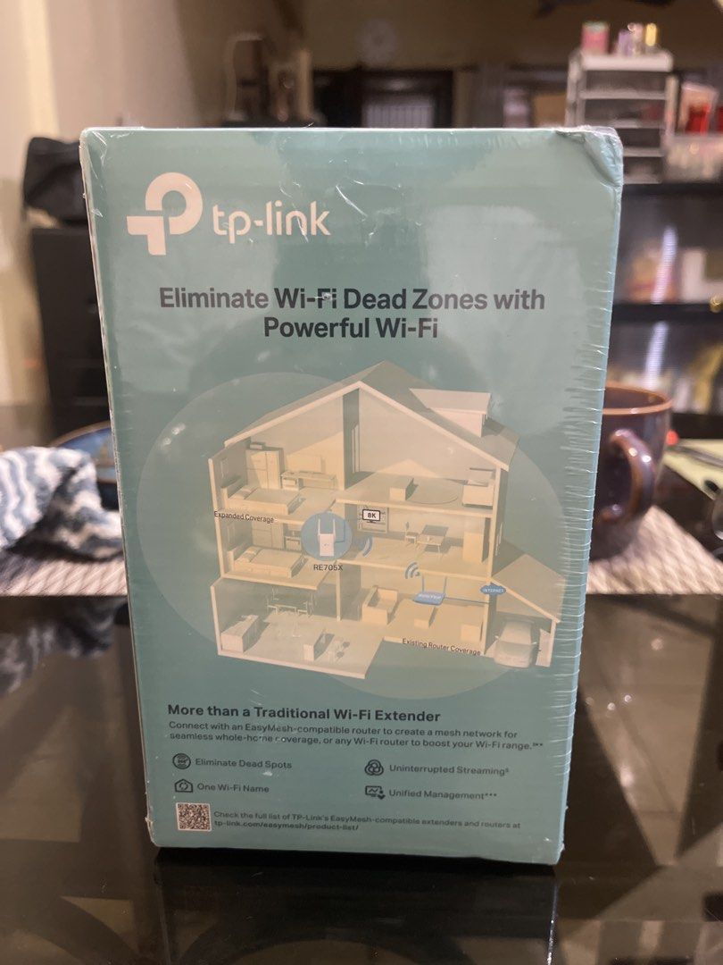 TP-Link AX3000 Wi-Fi 6 Range Extender RE705X (Category: Networking) located in Quezon City. Submitted by donnabelle7572 (Listing ID 1467158884, Image 3). Description: - Brand new & sealed in original packaging - Blazing-fast Wi-Fi 6 speeds: up to 2402 Mbps (5 GHz) + 574 Mbps (2.4 GHz) - Eliminates dead zones and buffers throughout your home - EasyMesh compatible for seamless whole-home coverage - Gigabit Ethernet port for wired device connections