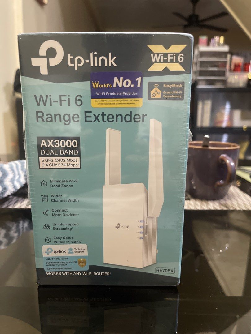 TP-Link AX3000 Wi-Fi 6 Range Extender RE705X (Category: Networking) located in Quezon City. Submitted by donnabelle7572 (Listing ID 1467158884, Image 1). Description: - Brand new & sealed in original packaging - Blazing-fast Wi-Fi 6 speeds: up to 2402 Mbps (5 GHz) + 574 Mbps (2.4 GHz) - Eliminates dead zones and buffers throughout your home - EasyMesh compatible for seamless whole-home coverage - Gigabit Ethernet port for wired device connections
