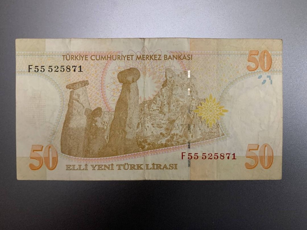 Turkey 50 lira banknote (Category: Currency) located in Indang. Submitted by vykolektor (Listing ID 1467094673, Image 2). Description: Turkey 50 lira Condition in photos.