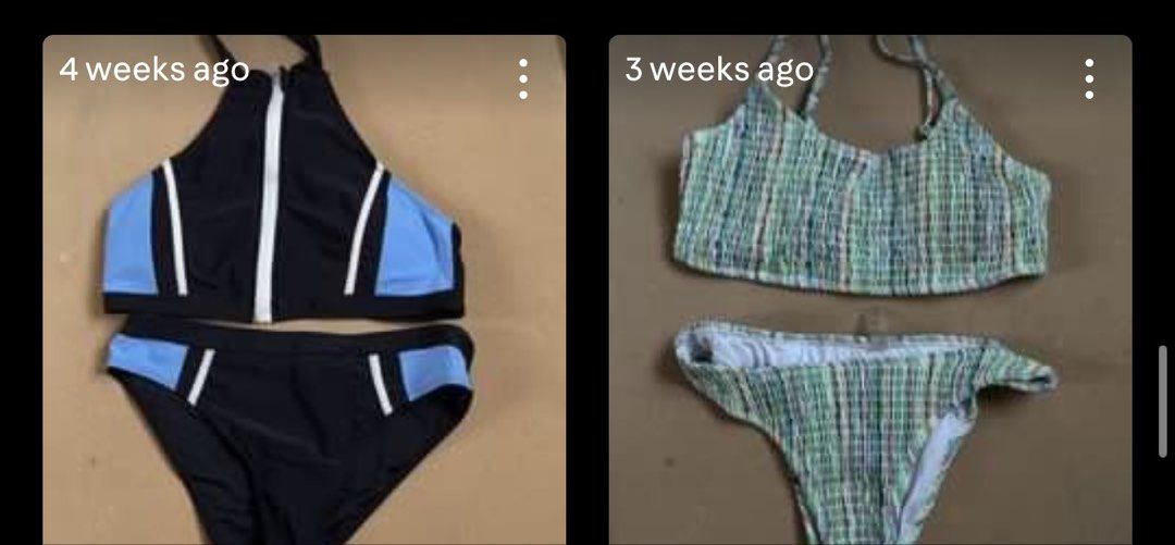 Two Bikini Sets High Neck and Smocked Bathing Suits (Category: Bikinis & Swimsuits) located in San Juan City. Submitted by elkaytea27 (Listing ID 1467015709, Image 1). Description: - Bundle! 1 Black Bikini + 1 Green Bikini with a Black & white bikini top FREEBIE 🎁 - Set 1: Black high-neck, zip-front top with blue and white accents + matching bottoms - Set 2: Green patterned smocked bandeau top with thin straps + matching bottoms - Ideal for beac