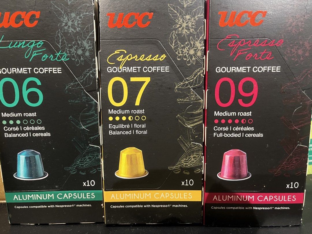 UCC Gourmet Coffee Aluminum Capsules Assorted Pack (Category: Beverages) located in Rizal. Submitted by ichbingenisse (Listing ID 1467135251, Image 1). Description: - Bundle includes 5 pods/flavor of UCC gourmet coffee aluminum capsules (15 pods total) - Flavors/Intensities: Lungo Forte (06), Espresso Medium Roast (07), and Espresso Forte Medium Roast (09) - no box - 100% compatible with Nespresso machines - Brand new. (No box) .
