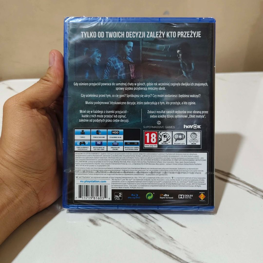 Until Dawn PS4 Game Physical Disc (Category: PlayStation) located in Taguig. Submitted by pengdwin_ (Listing ID 1467074147, Image 2). Description: - Title: Until Dawn - Platform: PlayStation 4 (PS4) - Condition: Brand new, factory sealed in original plastic wrapping - Genre: Survival horror with atmospheric storytelling and choice-driven gameplay - Language: English - Rating: PEGI 18 Can do meetups around Taguig City Interested? Send me a message