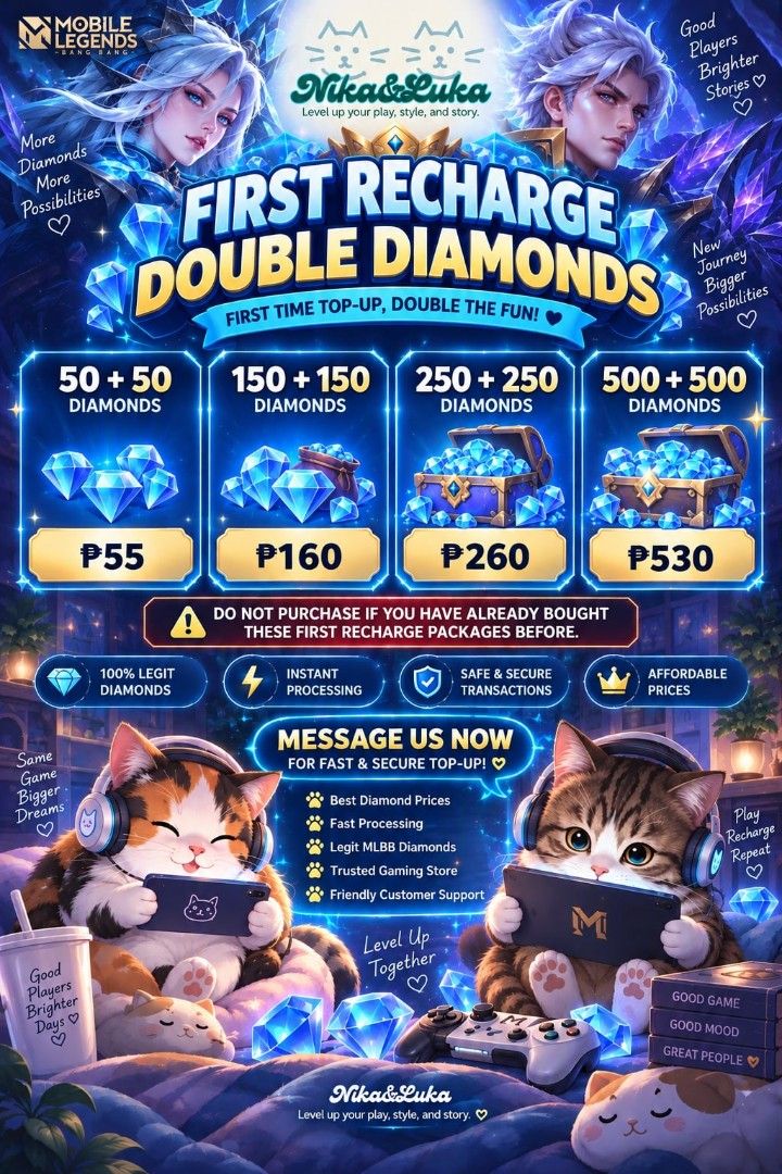 Updated MLBB First Recharge Double Diamonds - Mobile Legends (Category: Game Gift Cards & Accounts) located in Pasay City. Submitted by nikiluki_ (Listing ID 1464203188, Image 1). Description: - Double Diamonds for your FIRST Mobile Legends recharge! - Enjoy secure and fast transactions. - Unlock exclusive skins, heroes, and in-game events. - Don't miss this limited-time offer! Prices may change without prior notice..