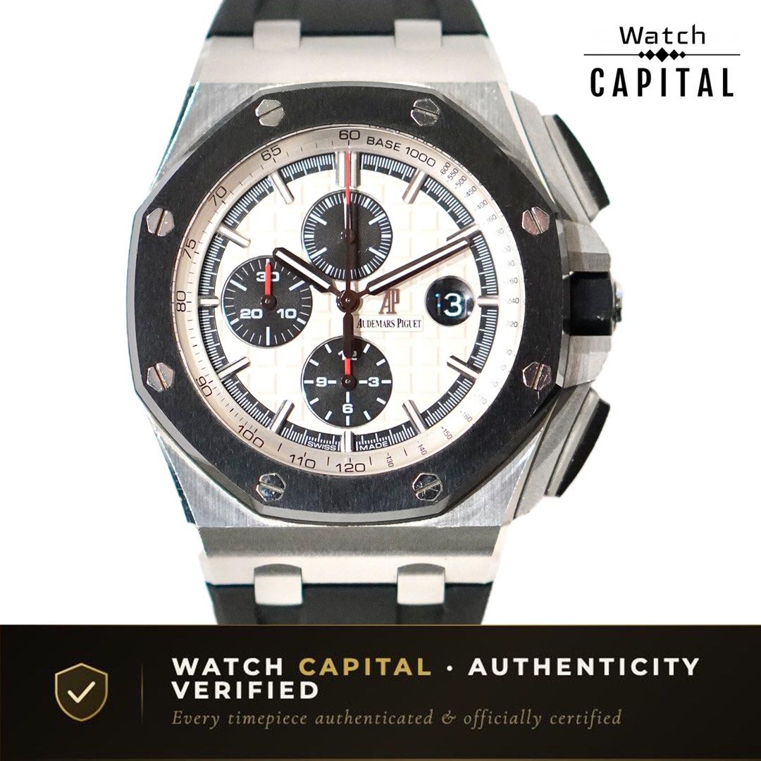 Used Audemars Piguet Royal Oak Offshore 26400SO.OO.A002CA.01 (Category: Watches) located in Singapore. Submitted by watchcapitalsg (Listing ID 1458232767, Image 1). Description: Location: 111 Somerset Reference: 26400SO.OO.A002CA.01 Case Diameter: 44mm Movement: Automatic Dial Colour: Silver Bezel Material: Ceramic Case Material: Steel Bracelet Material: Black Rubber Glass Material: Sapphire Crystal Box: No Papers: No Date Of Purchase: H Series 2