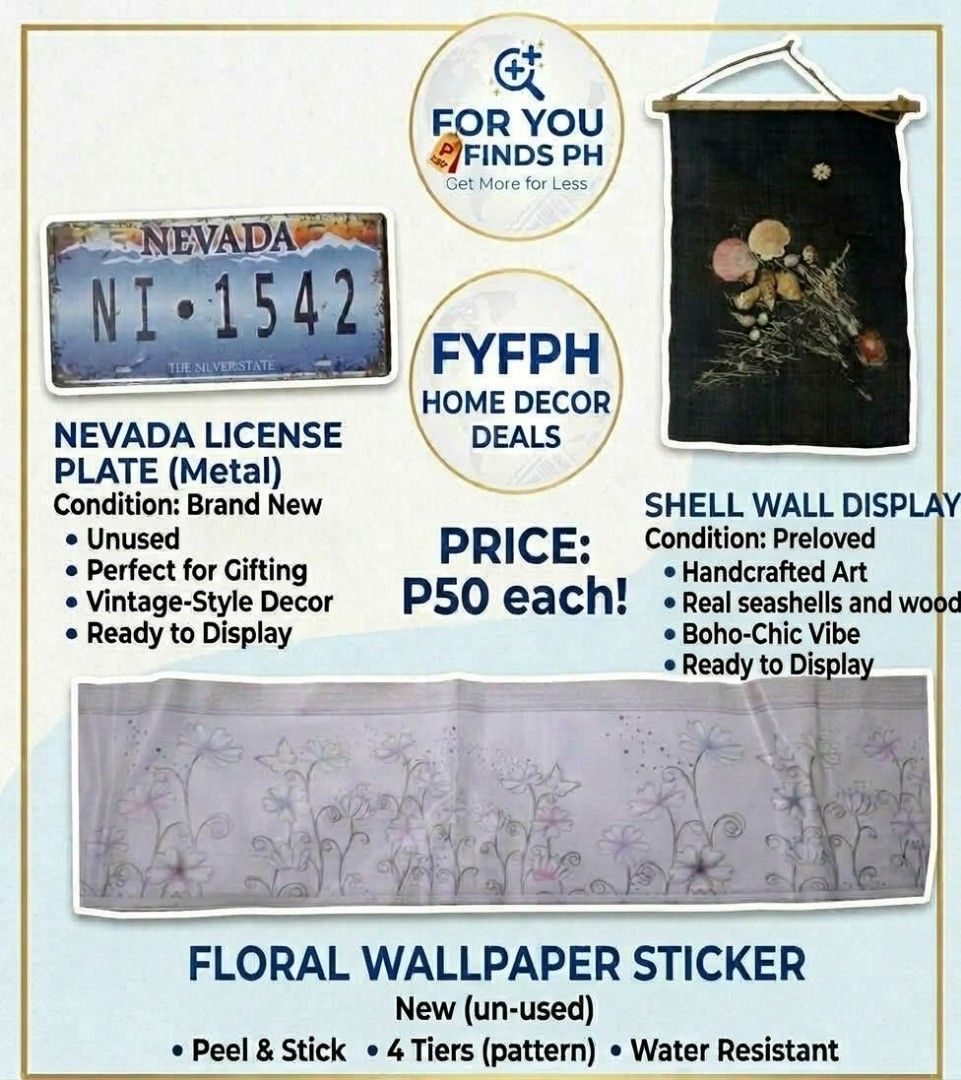 Varieties at P50 each only (Category: Wall Decor) located in Pateros City. Submitted by foryoufindsph (Listing ID 1467160924, Image 1). Description: Check the pictures for actual items, price as posted Buy now at For You Finds PH | Get More For Less , Pateros.