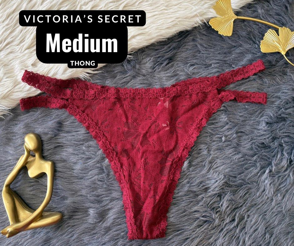 Victoria's Secret Medium Red Thong (Category: Undergarments & Loungewear) located in Manila. Submitted by siashop. (Listing ID 1467166427, Image 1). Description: - Brand: Victoria's Secret - Item: Thong - Size: Medium - Color: Deep Crimson Red - Design: Chic double strap on the sides - Material: Soft and stretchy for comfortable wear -MOP: GCash - Shipping: Fast shipping via J&T Express (Buyer shoulders shipping fee).