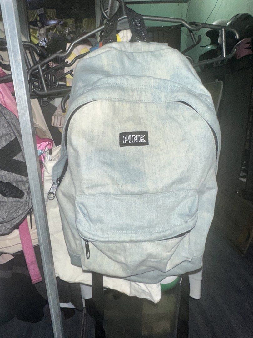 Victoria's Secret PINK Denim Backpack (Category: Backpacks) located in Manila. Submitted by edgiedge (Listing ID 1467089297, Image 1). Description: Authentic PINK by Victoria's Secret light blue acid wash denim backpack..