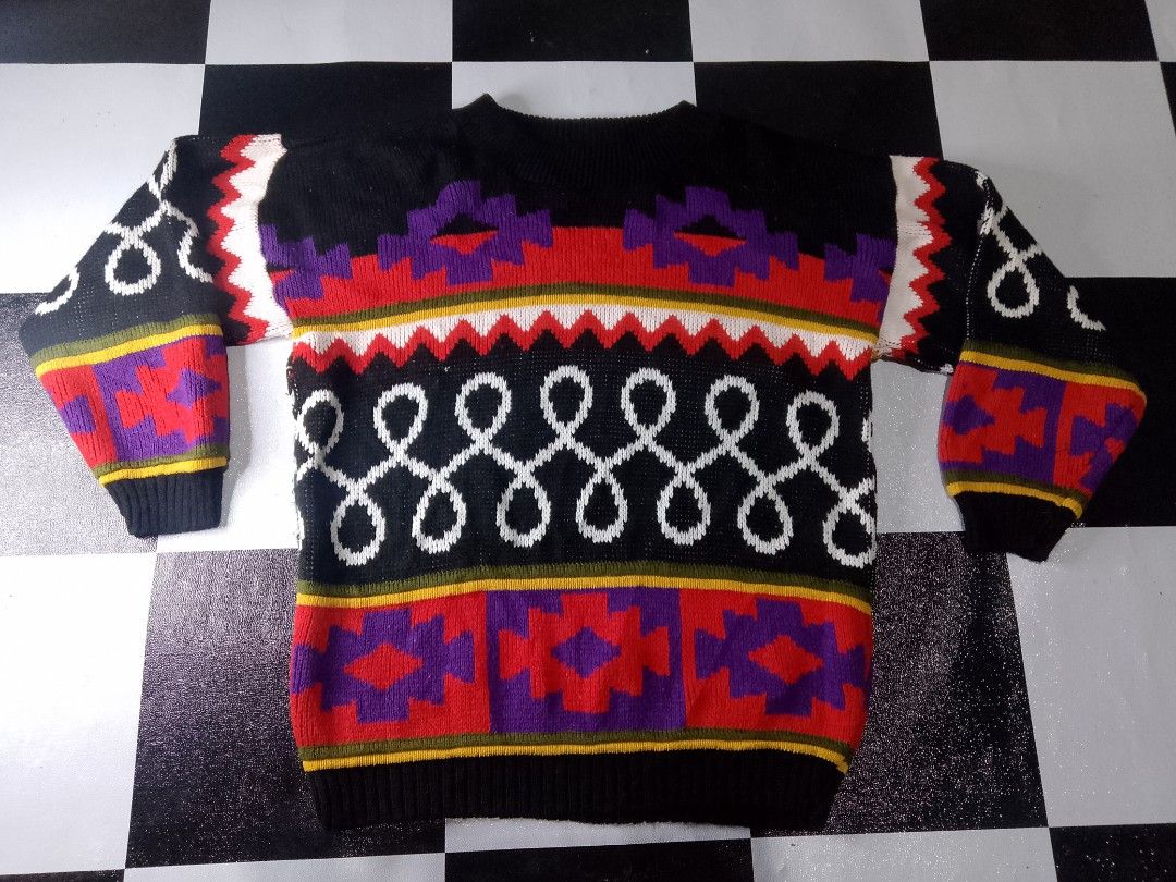 Vintage 1980s / 1990s Vis-a-vis Multicolor patterned Knitted Sweater (Category: Coats, Jackets and Outerwear) located in Binan City. Submitted by incnt (Listing ID 1467150205, Image 2). Description: 350 Pesos only add shipping fee Size Medium 22*25 Very good condition No issues *Missing Main tag Made In USA This item is an authentic vintage 1980s / 1990s Vis-A-Vis knit pullover sweater. It features a distinctive black base adorned with vibrant, m