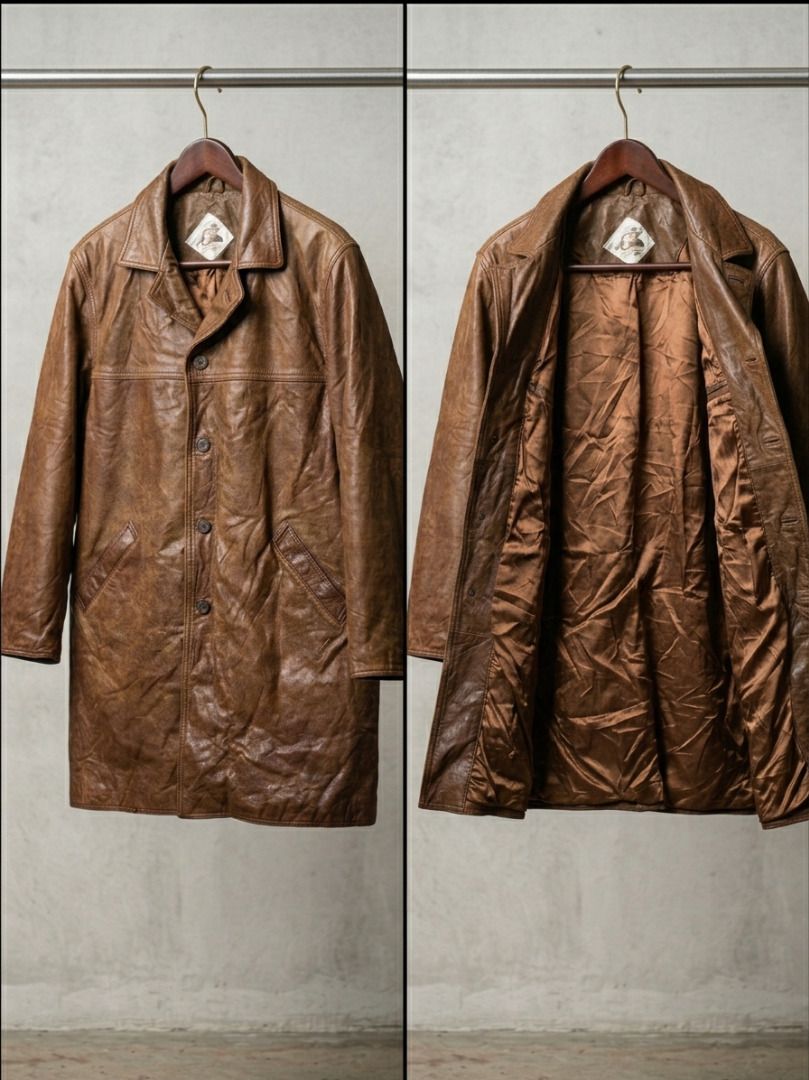 Vintage Brown Leather Jacket (Category: Coats, Jackets and Outerwear) located in Tarlac. Submitted by jeremiah.curator.2026 (Listing ID 1467002681, Image 2). Description: - Genuine heavyweight brown leather with a cool lived-in texture - Secure button closure and functional front pockets - Classic collar neckline and structured stitching on back and shoulders - Fully lined interior with brand tag near the collar - Timeless utilitarian outerwear s