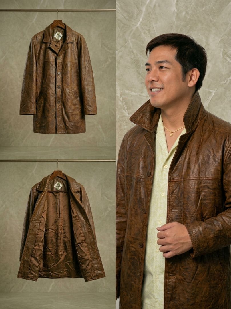 Vintage Brown Leather Jacket (Category: Coats, Jackets and Outerwear) located in Tarlac. Submitted by jeremiah.curator.2026 (Listing ID 1467002681, Image 1). Description: - Genuine heavyweight brown leather with a cool lived-in texture - Secure button closure and functional front pockets - Classic collar neckline and structured stitching on back and shoulders - Fully lined interior with brand tag near the collar - Timeless utilitarian outerwear s