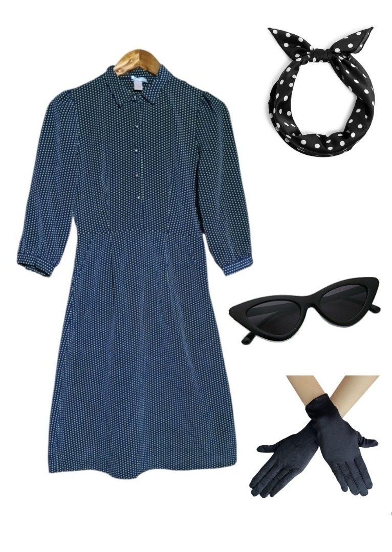 Vintage Polka dots dress set (Category: Dresses) located in Batangas. Submitted by yanaspreloved1 (Listing ID 1466977204, Image 1). Description: - Retro 1950s inspired blue midi dress featuring tiny white polka dots - Design details: 3/4 sleeves, classic shirt collar, and button-down front - Complete ready-to-wear outfit bundle includes matching headscarf, black cat-eye sunglasses, and dark gloves - Versatile styling: Great for costume/themed par