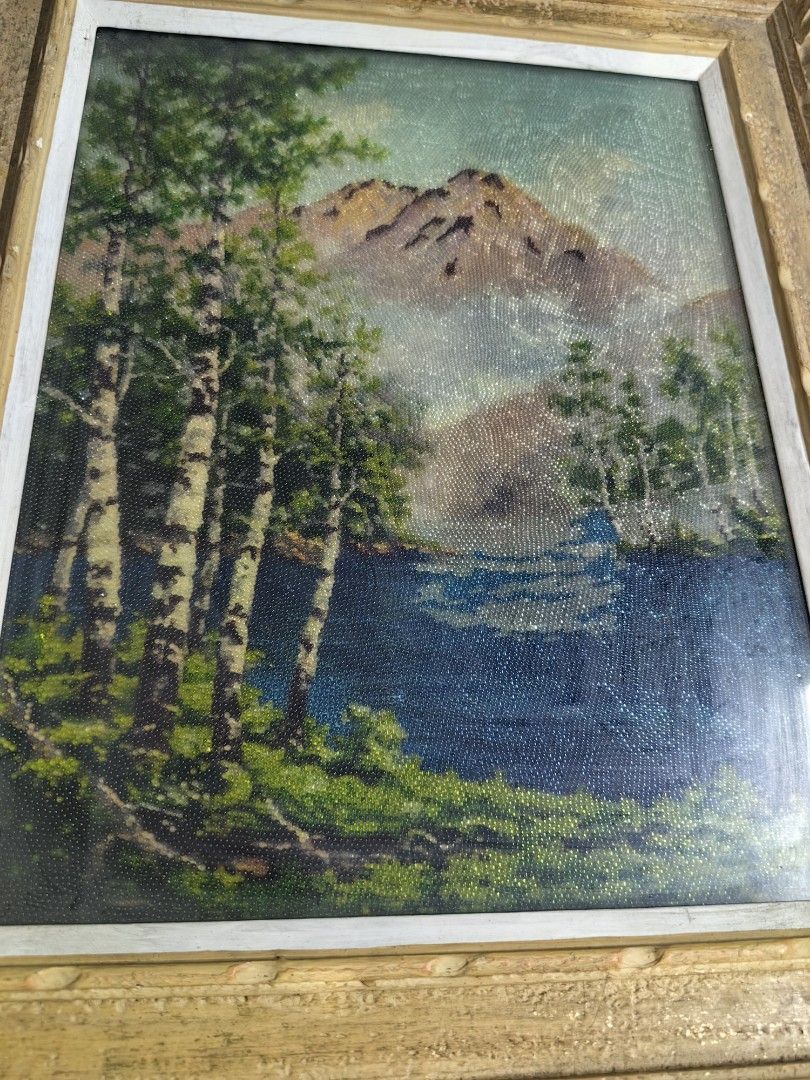 Mountain and Forest Landscape Framed Wall Art (Category: Frames & Pictures) located in Rizal. Submitted by gkstcenit (Listing ID 1467163444, Image 1). Description: - Stunning textured beaded artwork of a peaceful mountain, lake, and forest - Detailed birch trees in the foreground with beautiful handmade texture throughout - Size: Approximately 17 x 22 inches (see tape measure in photos) - Frame: Heavy decorative wooden frame with an elegant antiq