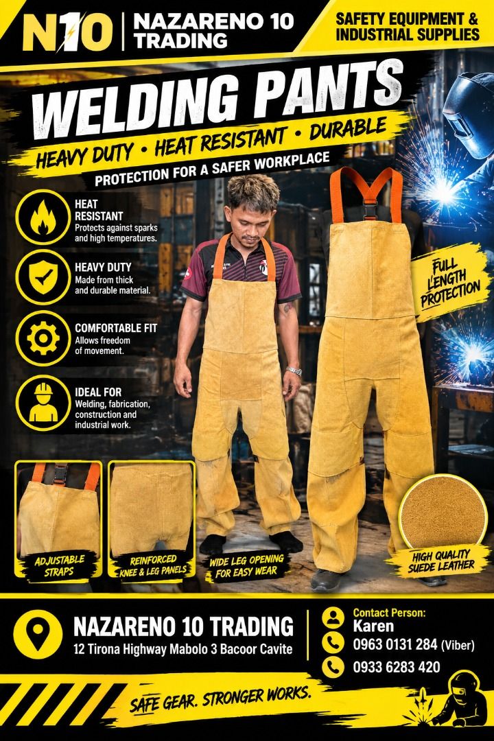 Welding Apron (Category: Looking For) located in Bacoor. Submitted by kajezame.2021 (Listing ID 1467047300, Image 1). Description: Welding Apron For More Details and Discount Contact Ms. Karen NAZARENO 10 TRADING 0963 0131 284 0933 6283 420 0956 7028 557 0933 8559 510 Landline: Look for Ms. Karen (046 ) 416 3920 Also available: • Traffic cone • Parking Block stopper • Hooded trash bin • Road Plastic Barrier • Spill boom • Fishing buoy • Spill Kit