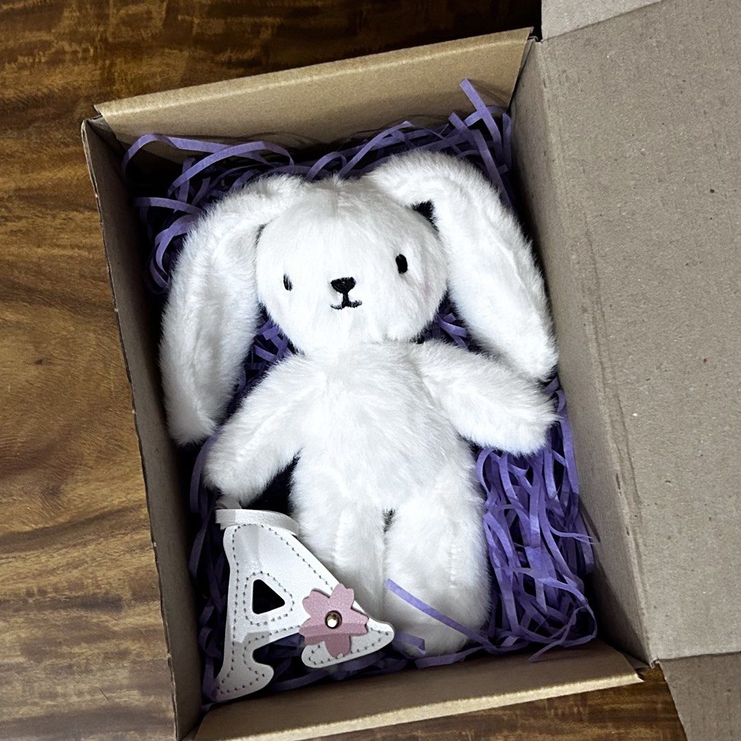 White Bunny and Letter Bag Charm Gift Set with Packaging (Category: Plushies & Soft Toys) located in Quezon City. Submitted by meryltehina (Listing ID 1467033582, Image 3). Description: All items are brand new. Inclusion: 18cm White Bunny Letter Bag Charm Brown Box *can choose different plush toy and letter.