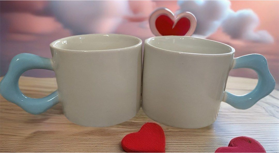 white ceramic coffee mugs featuring a distinctive cloud- or donut-shaped light blue handle, (Category: Cookware & Accessories) located in Cavite. Submitted by tatashop_sky (Listing ID 1466986390, Image 1). Description: 100 ea.