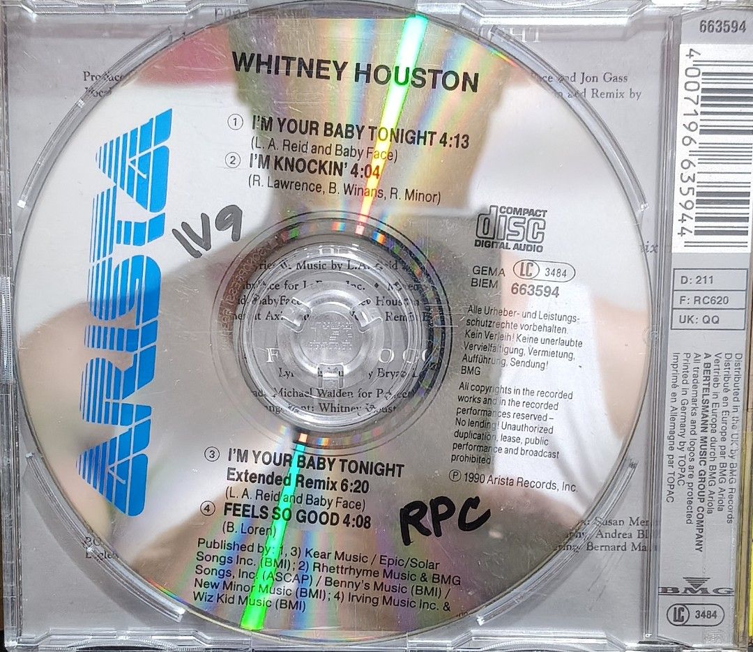 Whitney Houston I'm Your Baby Tonight CD Single (Category: CDs & DVDs) located in Manila. Submitted by ruelcabrer77078 (Listing ID 1467156830, Image 3). Description: - Artist & Title: Whitney Houston - I'm Your Baby Tonight CD Single - Label / Year: Arista Records, 1990 release - Tracklist: 4 tracks including I'm Your Baby Tonight, I'm Knockin', Extended Remix, and Feels So Good - Packaging: Original jewel case complete with front artwork and bac