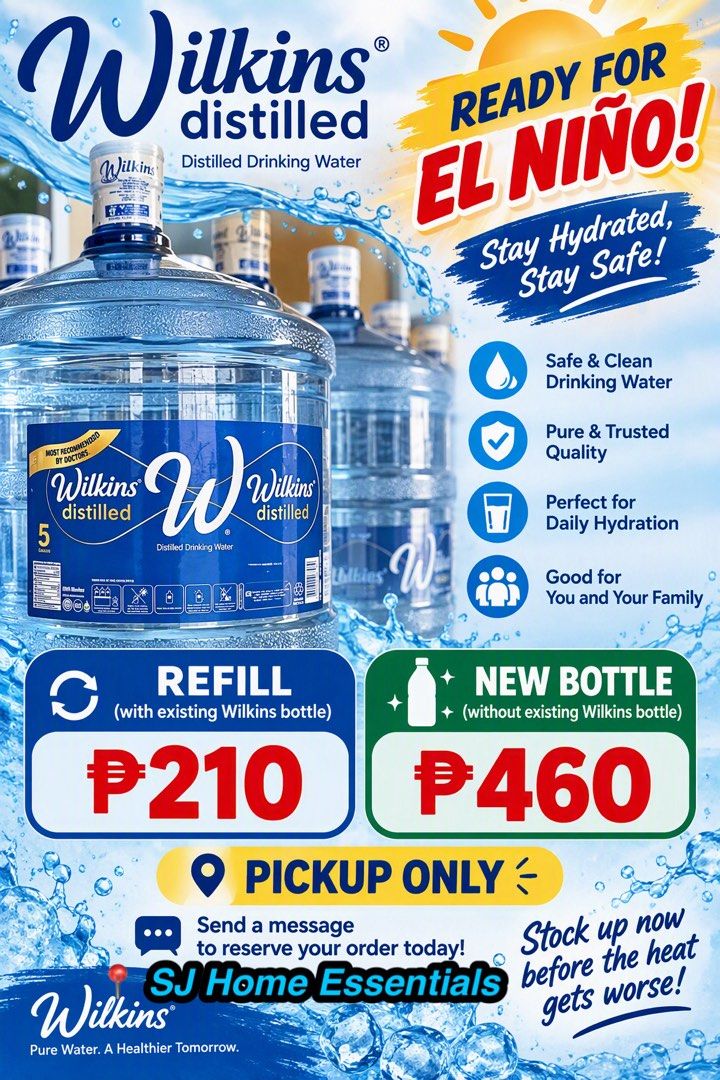 Wilkins Distilled Drinking Water 5 Gallon (Category: Water Purifiers & Dispensers) located in Cainta. Submitted by jehbry (Listing ID 1466980969, Image 1). Description: - Product: Wilkins Distilled Drinking Water (5-gallon container) - Refill Price: P210 (with existing bottle) - New Bottle Price: P460 - Fulfillment: Pickup only from SJ Home Essentials - How to order: Send a message to reserve today.