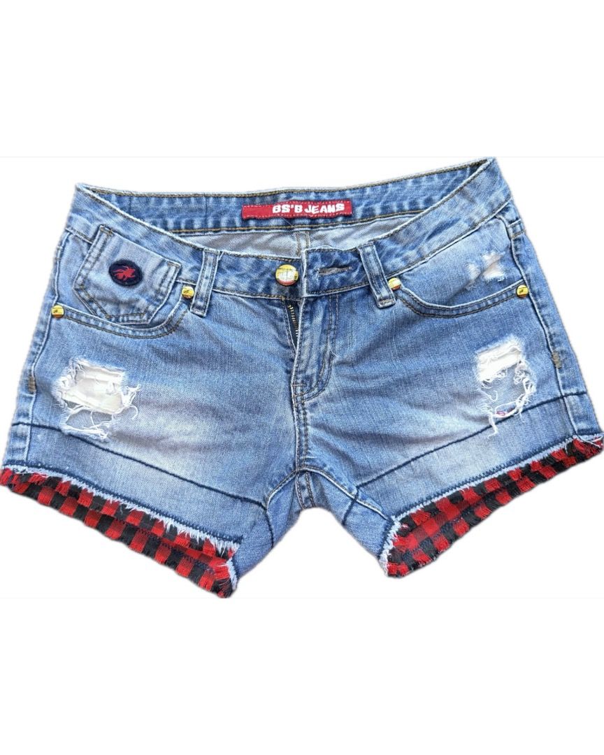 Y2K Denim Shorts with Red Checkered Cuffs (Category: Other Bottoms) located in Bacoor. Submitted by pickedbykoko (Listing ID 1467017431, Image 1). Description: Brand: BS2B JEANS Size: 28 inches Length: 10 inches Condition: Very Good Flaws: tag at the back faded, as shown in the 3rd photo Colors may appear slightly different depending on lighting and your screen. 🏷 ₱78.00 Code: K10 .