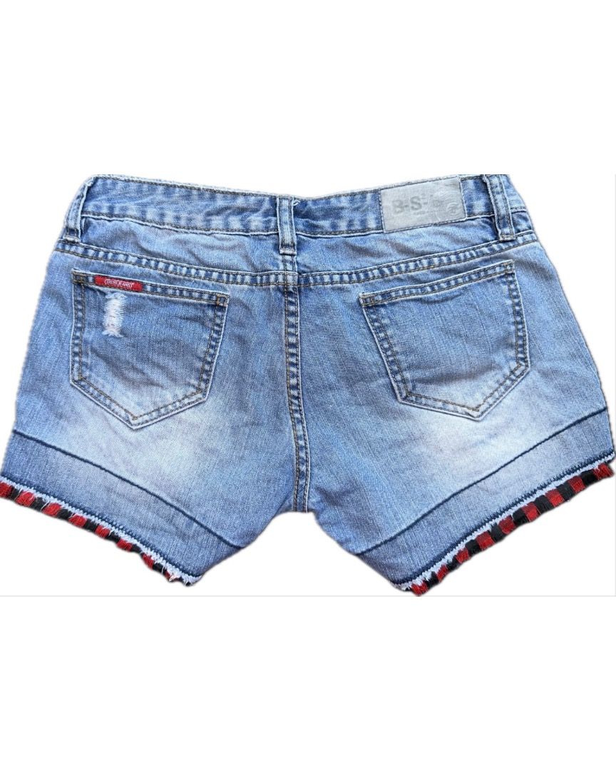 Y2K Denim Shorts with Red Checkered Cuffs (Category: Other Bottoms) located in Bacoor. Submitted by pickedbykoko (Listing ID 1467017431, Image 2). Description: Brand: BS2B JEANS Size: 28 inches Length: 10 inches Condition: Very Good Flaws: tag at the back faded, as shown in the 3rd photo Colors may appear slightly different depending on lighting and your screen. 🏷 ₱78.00 Code: K10 .