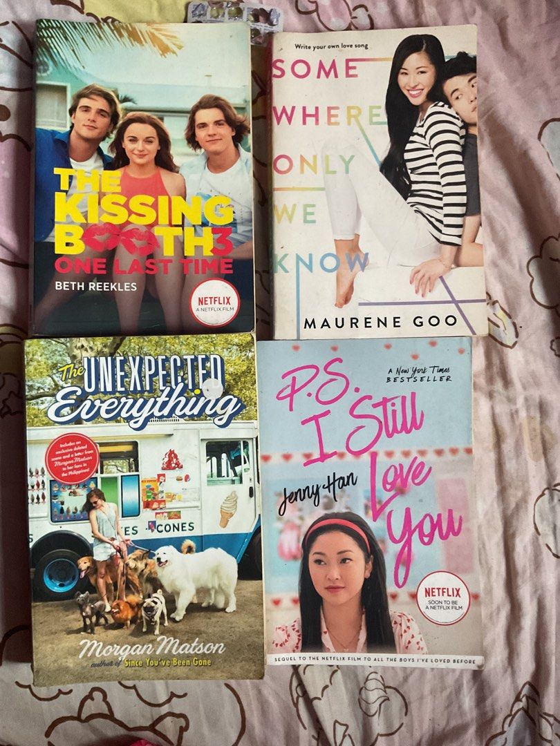 YA Romance Novel Bundle: Kissing Booth 3 and More (Category: Storybooks) located in San Juan City. Submitted by bookmarket_manila (Listing ID 1467166721, Image 1). Description: - Set of 4 popular YA romance novels - Titles: The Kissing Booth 3, Somewhere Only We Know, The Unexpected Everything, P.S. I Still Love You - Format: Paperback - Condition: Normal shelf wear on covers and spines - Perfect for weekend reads or beach trips - Selling as a co