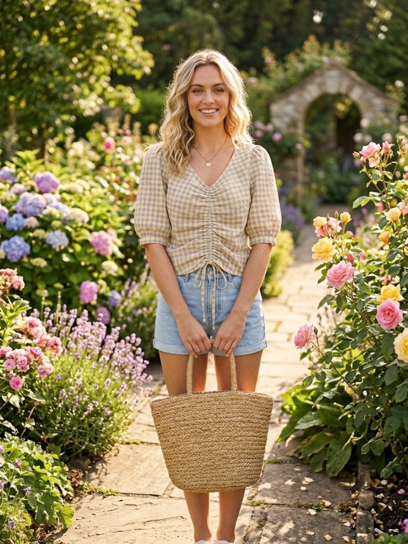 Yellow Plaid Ruched Blouse (Category: Blouses) located in Mexico. Submitted by silverkatie429 (Listing ID 1467165305, Image 1). Description: A light yellow and white checkered blouse with short sleeves, designed for a breezy and cheerful summer look. Paired with denim or skirts, it brings a fresh, garden-inspired vibe that’s both casual and charming..