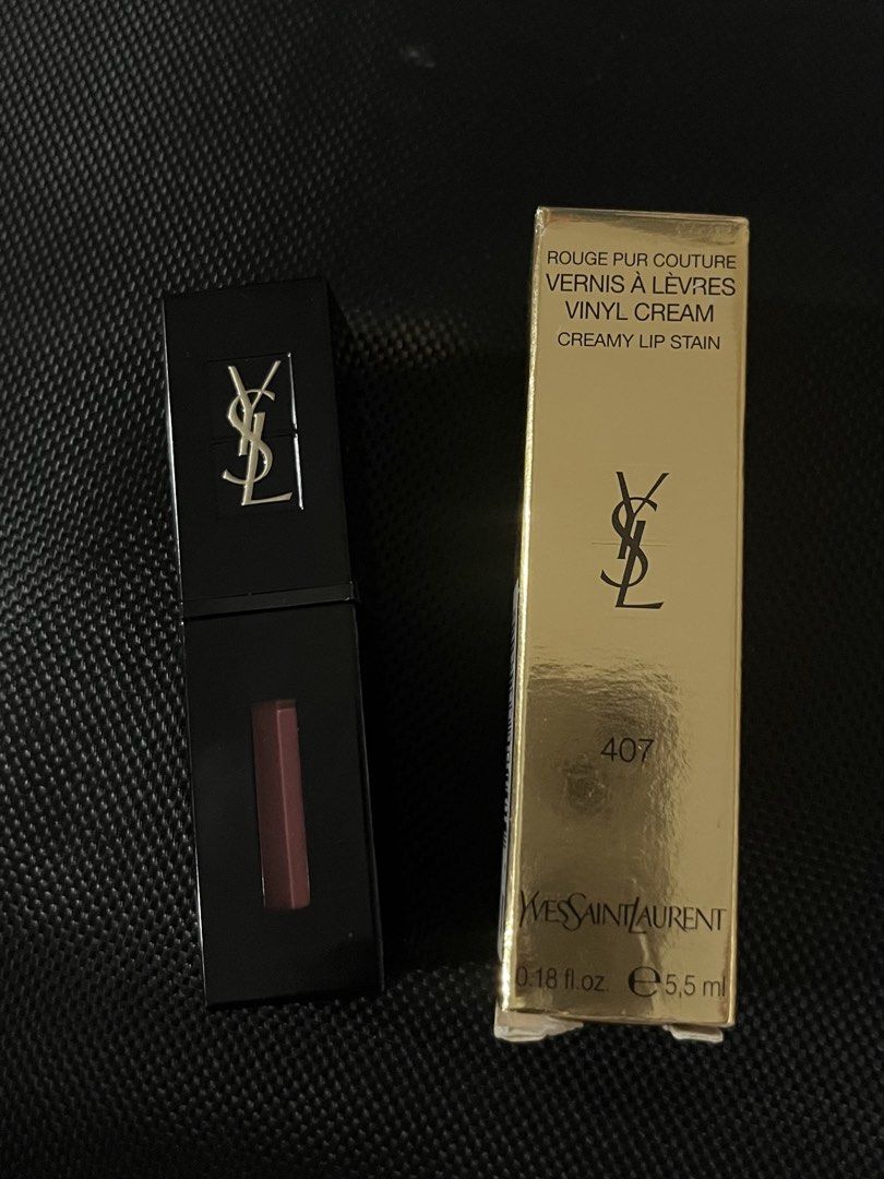 YSL creamy lipstick #407 (Category: Makeup) located in Manila. Submitted by santanajdd (Listing ID 1466813263, Image 2). Description: YSL Vinyl Creamy Lip Stain 💗 * shade: 407 Carmin Session * high coverage lip stain with glossy finish * beautiful muted rose, plum color * comes with original packaging * authentic, never used - doesn't fit my personal makeup looks 💬 dm for more info!.