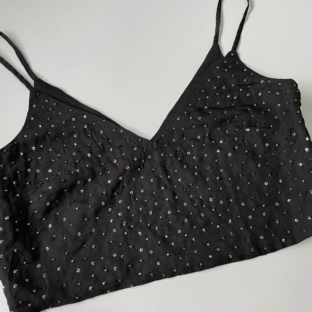 Zara Basic Black Beaded Crop Top Size S (Category: Sleeveless) located in Pasay City. Submitted by lovedbyzea (Listing ID 1467050945, Image 3). Description: - Brand: Zara Basic - Size: S (Made in India) - Color: Black with all-over silver beads and sequins - Details: V-neckline, delicate double spaghetti straps, side zipper closure - Condition: Great piece for parties and nights out.