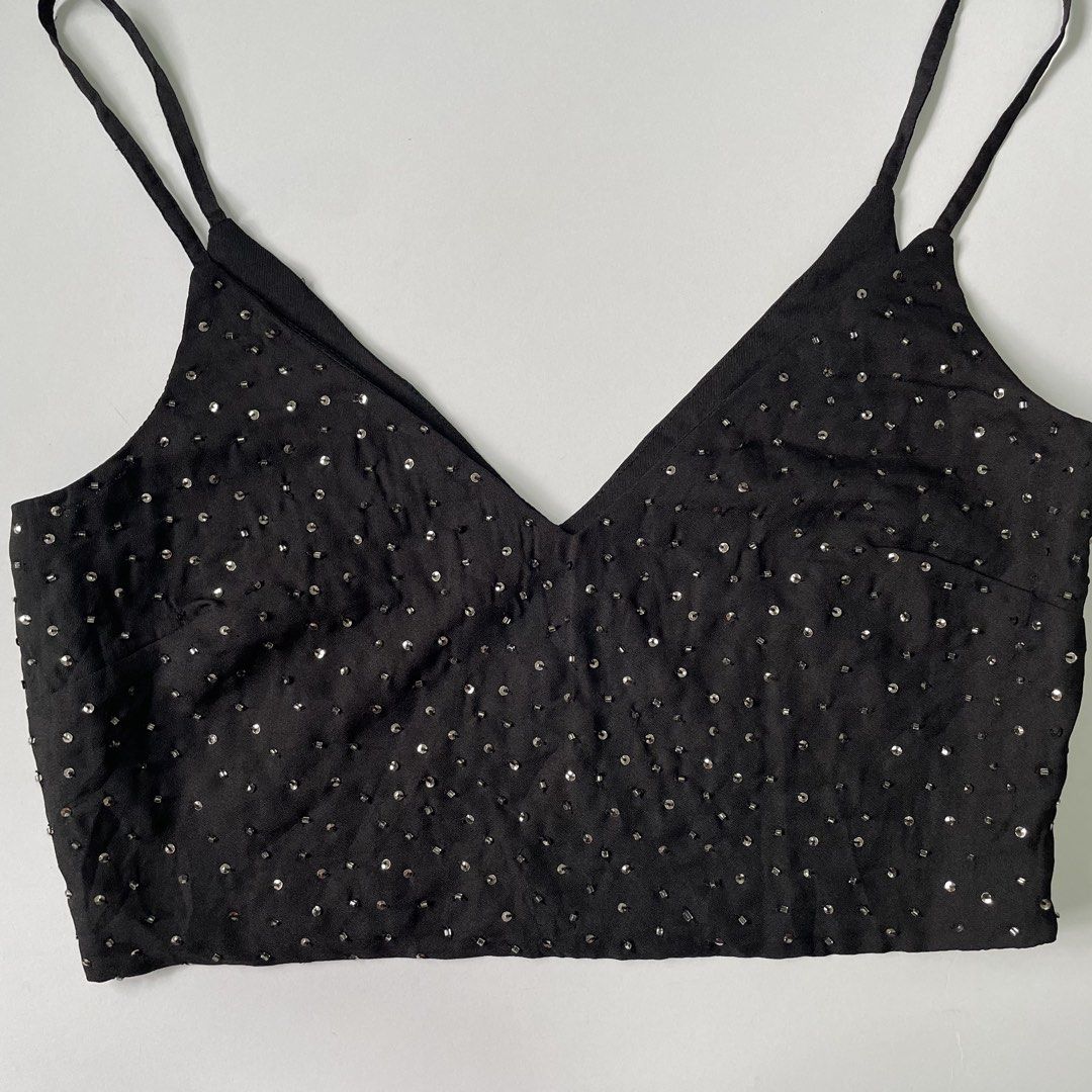 Zara Basic Black Beaded Crop Top Size S (Category: Sleeveless) located in Pasay City. Submitted by lovedbyzea (Listing ID 1467050945, Image 2). Description: - Brand: Zara Basic - Size: S (Made in India) - Color: Black with all-over silver beads and sequins - Details: V-neckline, delicate double spaghetti straps, side zipper closure - Condition: Great piece for parties and nights out.