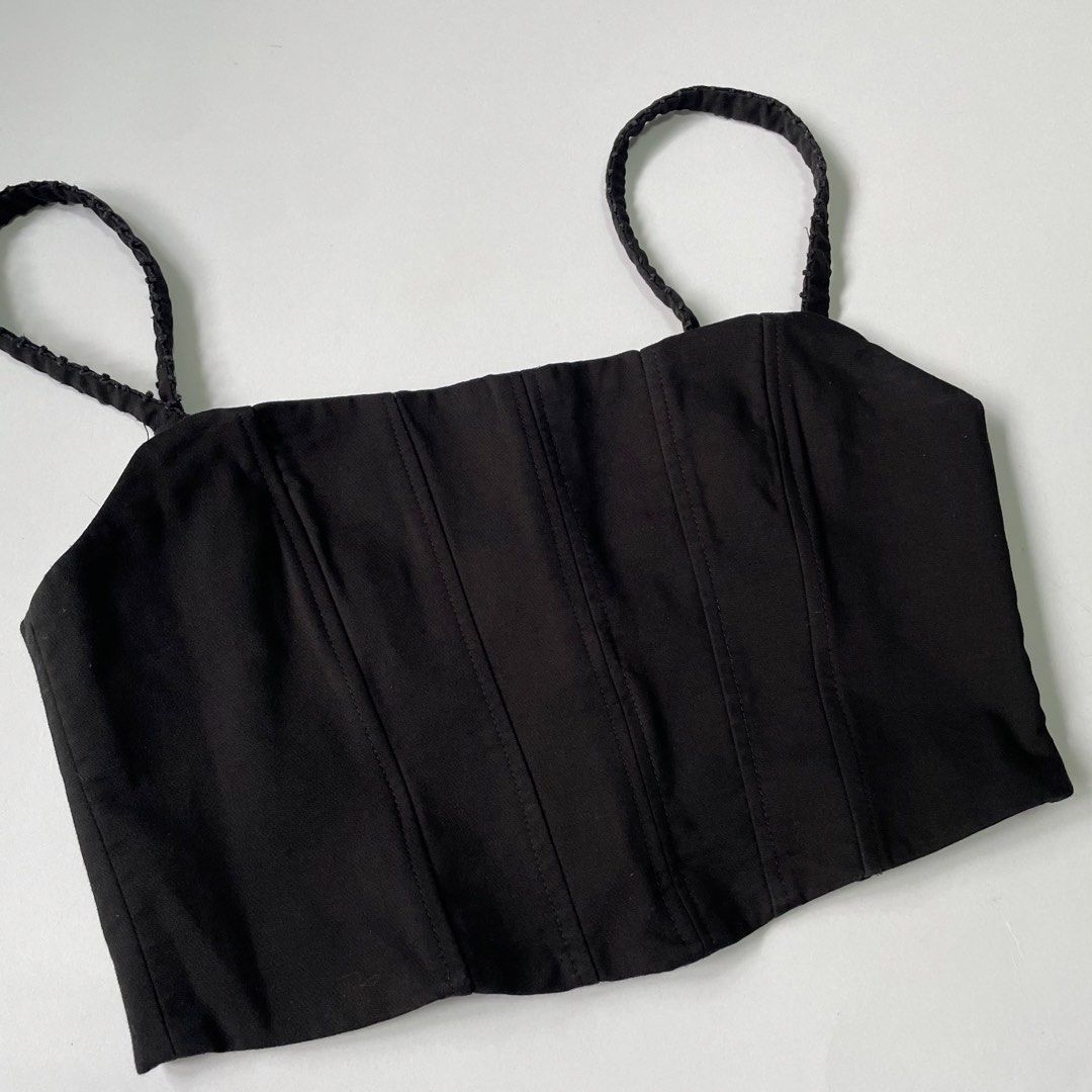 Zara Black Corset Crop Top with Button Back (Category: Sleeveless) located in Pasay City. Submitted by lovedbyzea (Listing ID 1467050024, Image 2). Description: - straps were adjusted - Style: Corset-style crop top with a modern square neckline and thin straps - Fit: Structured front seams for a flattering, fitted look - Details: Chic decorative fabric-covered buttons down the back - Closure: Convenient side zipper for easy wearing - Length: Crop