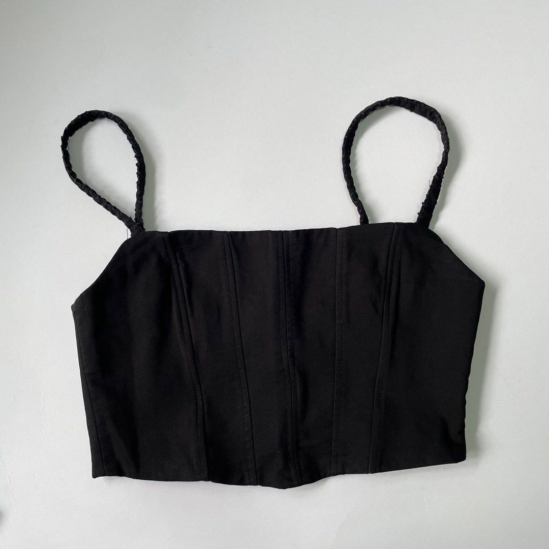 Zara Black Corset Crop Top with Button Back (Category: Sleeveless) located in Pasay City. Submitted by lovedbyzea (Listing ID 1467050024, Image 1). Description: - straps were adjusted - Style: Corset-style crop top with a modern square neckline and thin straps - Fit: Structured front seams for a flattering, fitted look - Details: Chic decorative fabric-covered buttons down the back - Closure: Convenient side zipper for easy wearing - Length: Crop