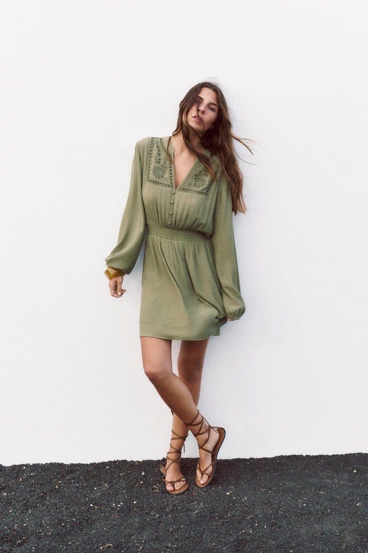 Zara Cutwork Embroidery Mini Dress (Category: Dresses) located in Paranaque City. Submitted by ainnachm_ (Listing ID 1467041935, Image 3). Description: - Brand new and authentic with tag - Color: Khaki green - Size: XS - Length of dress: 88cm.