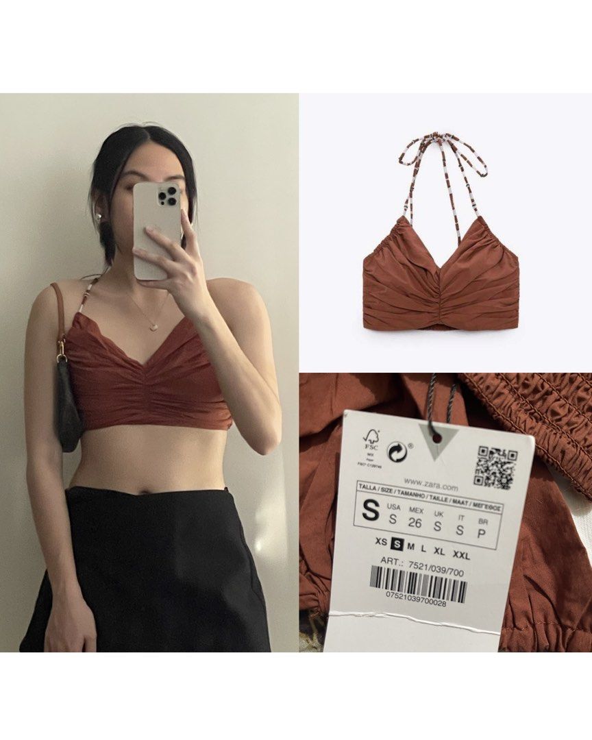Zara Ruched Halter Crop Top Rust Size S (Category: Sleeveless) located in Manila. Submitted by plsdeclutterwithme (Listing ID 1467050198, Image 1). Description: - Brand: Zara - Style: Halter crop top - Color: Rust brown - Size: S (fits true to size) - Condition: Brand new with original tags attached - Features: Ruched front detailing, adjustable multi-way patterned straps - Perfect for: Summer days and night outs.