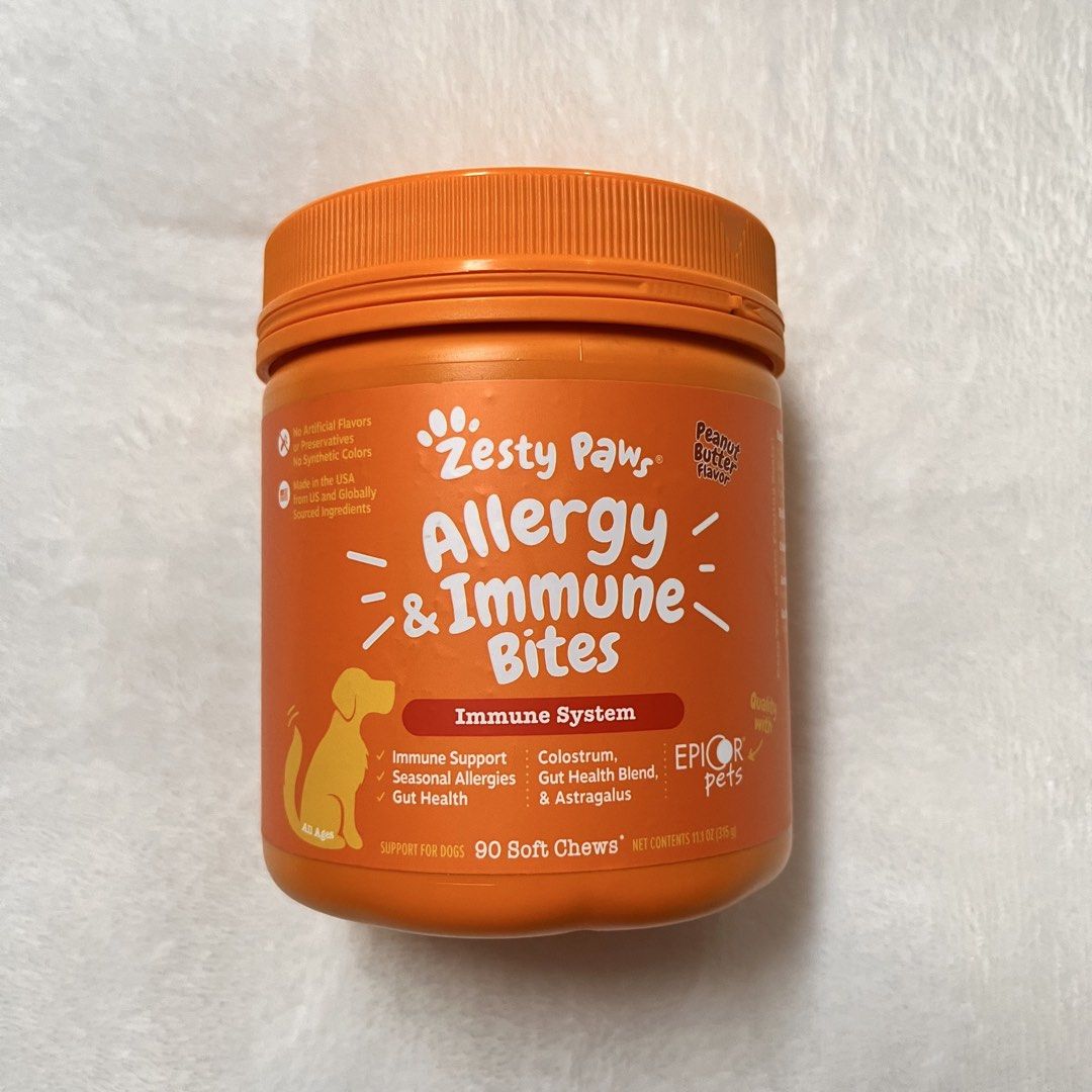 Zesty Paws Allergy and Immune Bites (Category: Pet Food) located in Dagupan City. Submitted by bangtancellar (Listing ID 1467091467, Image 1). Description: Peanut butter flavor Bought from Zesty Paws Official Store Best by: April 2027 Rfs: change in pet’s diet Pls dm if interested .