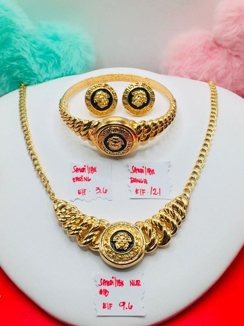 18k Saudi gold electroform Versace necklace,earring and bangle (Category: Necklaces) located in Manila. Submitted by bhelgoldseller2ndaccount (Listing ID 1467357900, Image 1). Description: New!!✨New!!✨New!! Authentic 18k Saudi Golds 💯pawnable/naisasanla 💯with high appraisal rate 💯good investment 💯Direct supplier price 👉OPEN for resellers 🌺please take time to evaluate their actual sizes and grams 👉Best panggift for all occasions ✅ Sold per 