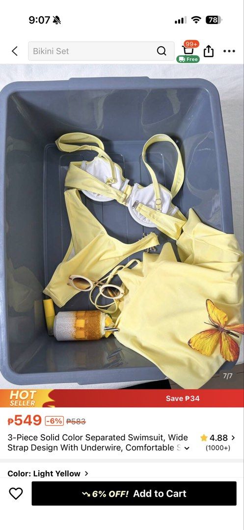 3-Piece Solid Color Separated Swimsuit Light Yellow (Category: Bikinis & Swimsuits) located in Caloocan City. Submitted by zandrarubio (Listing ID 1467306591, Image 3). Description: - Color: Light yellow - 3-Piece Set: Includes bikini top, bottom, and matching side-tie wrap skirt - Support: Wide straps and underwire support for a flattering fit - Details: Unique sun-shaped metallic hardware - Perfect for: Beach trips, pool parties, and vacations.