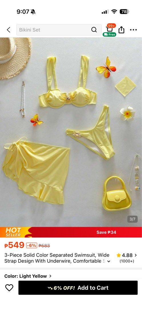 3-Piece Solid Color Separated Swimsuit Light Yellow (Category: Bikinis & Swimsuits) located in Caloocan City. Submitted by zandrarubio (Listing ID 1467306591, Image 2). Description: - Color: Light yellow - 3-Piece Set: Includes bikini top, bottom, and matching side-tie wrap skirt - Support: Wide straps and underwire support for a flattering fit - Details: Unique sun-shaped metallic hardware - Perfect for: Beach trips, pool parties, and vacations.
