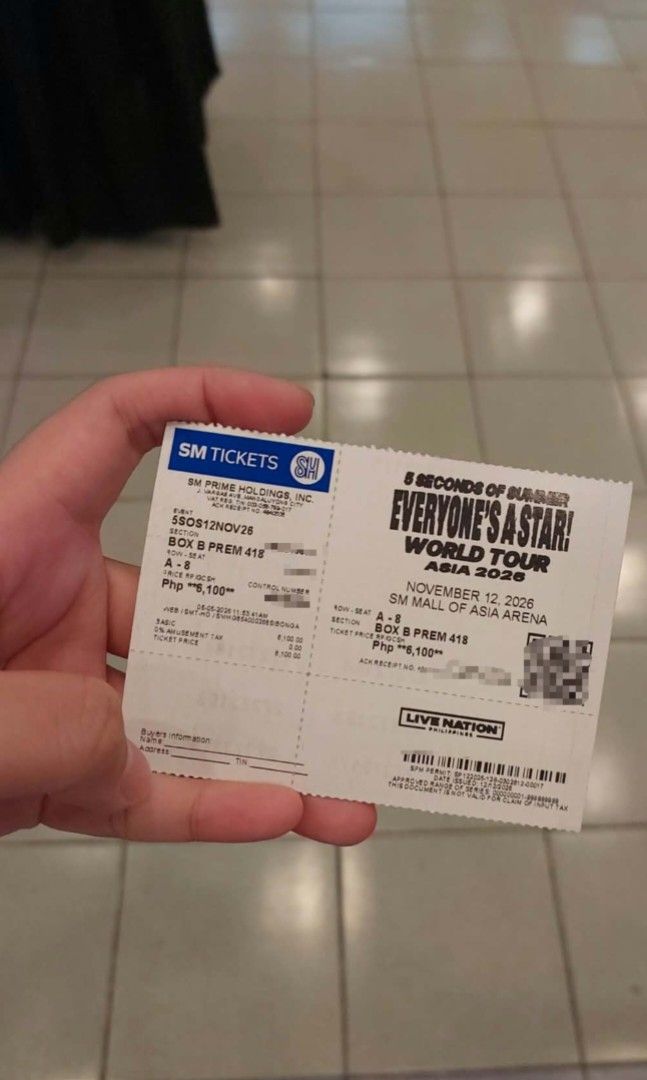 5SOS EAS TOUR BOX B PREM (Category: Events Tickets) located in Quezon City. Submitted by cosmicturtle00 (Listing ID 1466970611, Image 2). Description: - Slightly nego for sure buyers - Seat Details: Section Box B Prem 418, Row A, Seat 8 -Selling below SRP -Claimed, but can do meet up for verification. Sm marikina, Cubao, or SM North -Can also do shipping, can vc and send valid id for reassurance Rfs: decided not to go due to personal reasons get 