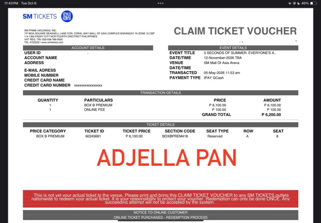5SOS EAS TOUR BOX B PREM (Category: Events Tickets) located in Quezon City. Submitted by cosmicturtle00 (Listing ID 1466970611, Image 1). Description: - Slightly nego for sure buyers - Seat Details: Section Box B Prem 418, Row A, Seat 8 -Selling below SRP -Claimed, but can do meet up for verification. Sm marikina, Cubao, or SM North -Can also do shipping, can vc and send valid id for reassurance Rfs: decided not to go due to personal reasons get 