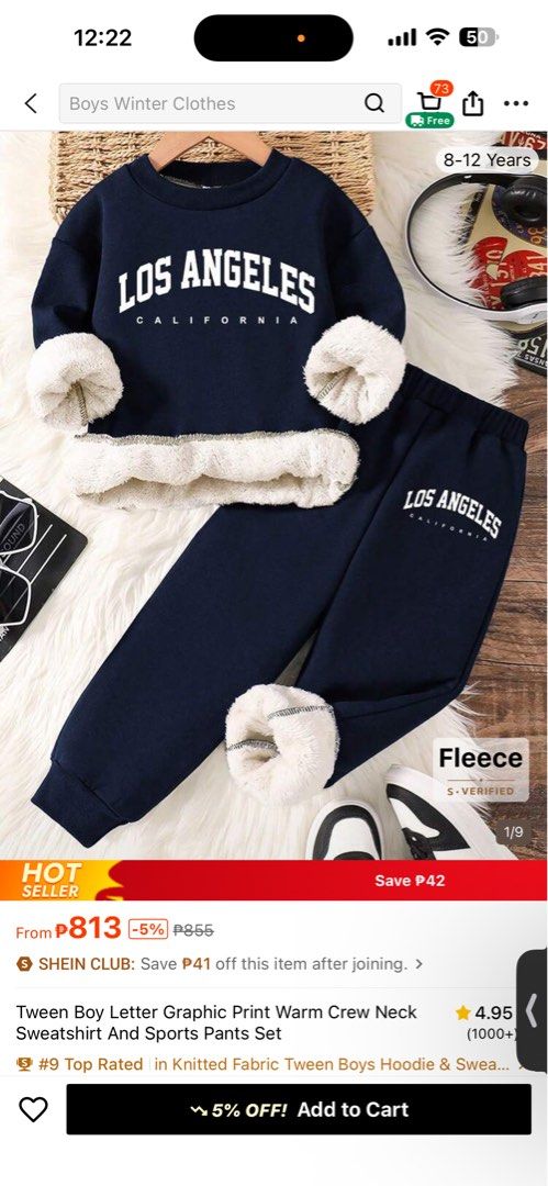 8year old winter set (Category: Babies & Kids Fashion) located in Manila. Submitted by katherinem35251 (Listing ID 1467206196, Image 1). Description: - Set includes: Crew neck sweatshirt and matching sports pants - Color/Design: Navy blue with white Los Angeles California letter graphics - Age Fit: age 8yo - Warmth: Thick fleece lining inside for extra cold-weather protection - Details: Comfortable ribbed cuffs and hem - Ideal For: School wear, o