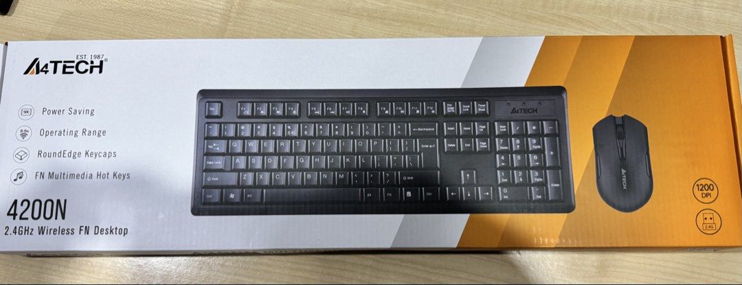 A4Tech 4200N 2.4GHz Wireless FN Desktop (Category: Computer Keyboard) located in Las Pinas. Submitted by theusl (Listing ID 1467305209, Image 1). Description: - Brand: A4Tech 4200N Wireless Desktop Set (Keyboard & Mouse) - Condition: Brand new, unopened box - Connectivity: 2.4G wireless with up to 15m range, includes nano receiver & USB extension cable - Keyboard Features: Round-edge keycaps, FN multimedia hot keys, water-resistant membrane desig