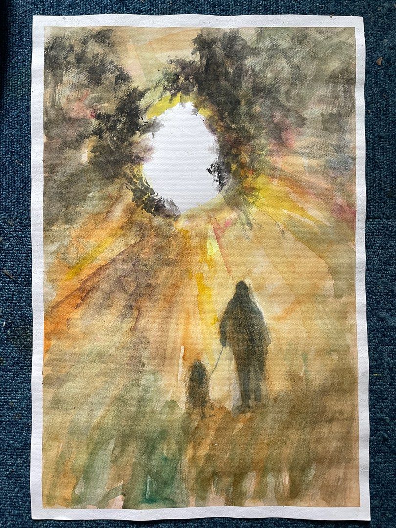 A Stroll in the Forest - watercolor (Category: Art & Prints) located in Naic. Submitted by avin_pamplina (Listing ID 1467191476, Image 1). Description: - Original watercolor painting on heavy textured paper -inspired by a stroll in the forest with pet dog - Abstract landscape featuring earthy tones, golden yellows, deep greens, and charcoal - Striking negative space focal point for strong contrast - Unmounted sheet with clean white paper borders 