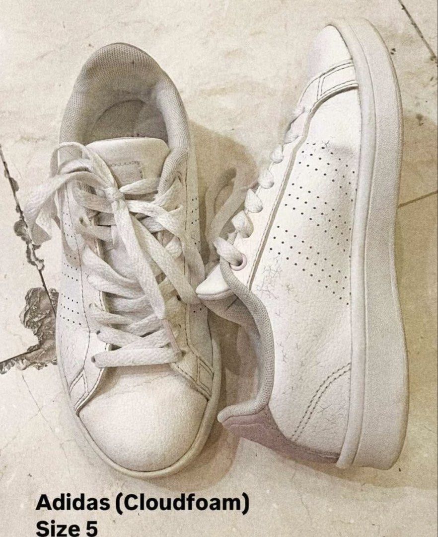Adidas Cloudfoam Size 5 White Sneakers (Category: Sneakers) located in Baguio. Submitted by silvercat.0f61c5 (Listing ID 1467336746, Image 1). Description: - Brand: Adidas Cloudfoam - Color: White - Size: US 5 / UK (standard size 5) - Style: Classic everyday walking shoes with perforated 3-stripe design and laces - Soles: Textured for better grip - Condition: Pre-loved with visible wear and creasing on the leather upper and soles - Perfect for da