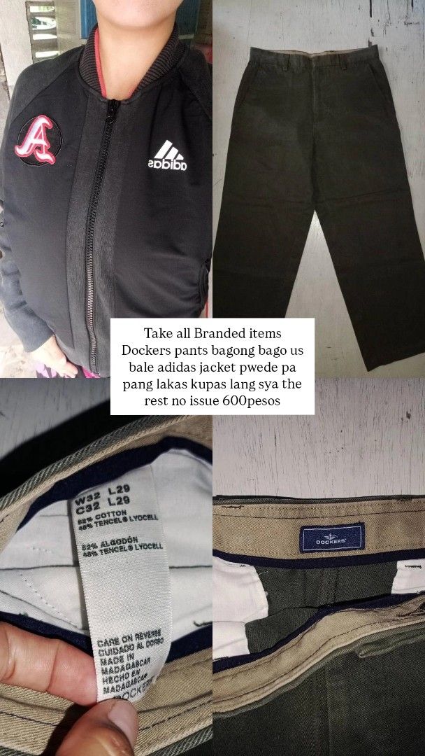 Adidas jacket and Dockers pants bundle take all (Category: Coats, Jackets and Outerwear) located in Naga. Submitted by jowakim19834948 (Listing ID 1467175404, Image 1). Description: - 2-Piece Branded Bundle for only ₱600! - Adidas Black Bomber Jacket: Features brand logo and 'A' patch; has slight fading (lakas kupas) - Dockers Green Pants: US bale find in very good shape - Condition: No other issues aside from jacket fading.