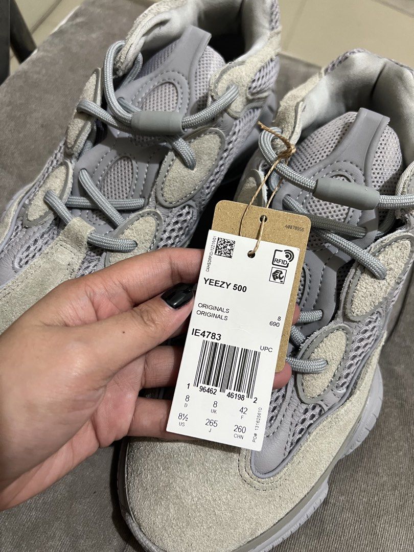 Adidas Yeezy 500 (Category: Sneakers) located in Bacolod City. Submitted by ghostgiiirl___ (Listing ID 1467309535, Image 3). Description: - Brand: Adidas Yeezy 500 - No original box - Colorway: Grey - Size: 8.5 US / 8 UK / 42 FR - Condition: Brand new with original retail tags attached - Materials: Mesh upper with premium suede overlays - Features: Convenient toggle lacing system and comfortable Ortholite sockliner.