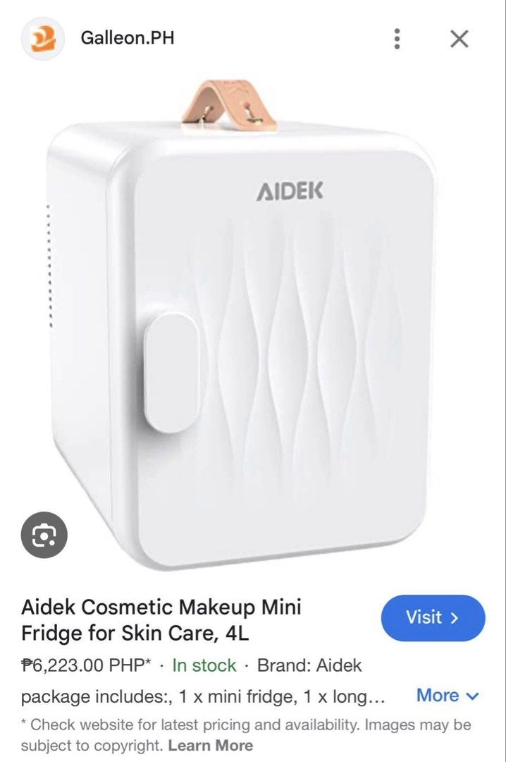 Aidek 4L Cosmetic Makeup Mini Fridge (Category: Refrigerators and Freezers) located in Cainta. Submitted by pnedp2022 (Listing ID 1467336914, Image 3). Description: - Brand: Aidek Mini Fridge (White) - US bought 110v - Capacity: 4 Liters, perfect for daily skincare and cosmetics - Design: Compact with a stylish top leather-like handle and textured door - Portability: Lightweight (4.2 lbs) and compact (9.6 x 7.3 x 9.8 inches) - Condition: Brand ne