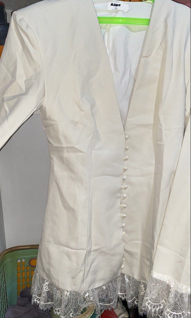 Blazer with Lace (Category: Coats, Jackets and Outerwear) located in Cavite. Submitted by helloize (Listing ID 1467317101, Image 3). Description: With shoulder pads Can be a dress or just blazer XS on tag pero parang Med :((( di magagamit dahil super luwag. Super pretty nito lakas maka madam. Here's the measurements po. Shoulder 19in Length 30.5in Arm length 24in Bust 35.5-39in Waist 29in Lace not included in the measurement po..