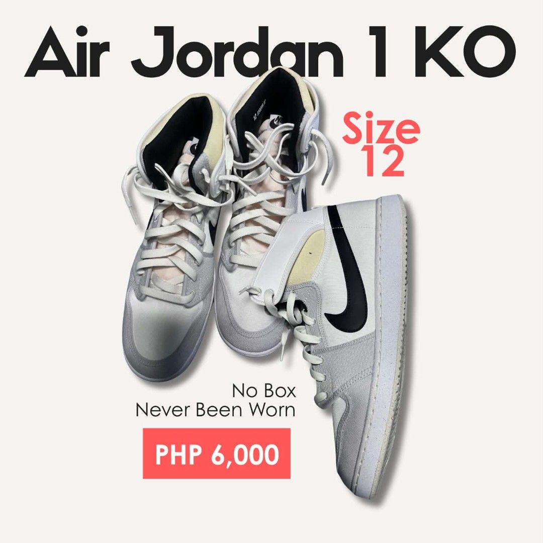 Air Jordan 1 KO Size 12 (Category: Sneakers) located in Manila. Submitted by razorhail776341 (Listing ID 1467201198, Image 1). Description: - Model: Air Jordan 1 KO - Colorway: White and Grey with Black Swoosh - Size: Men's US 12 - Condition: Never worn, fresh out of storage - Packaging: No original shoe box included - Ready to rock and super clean!.