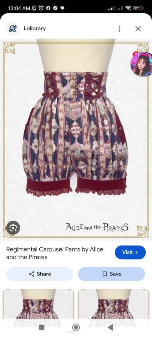 Alice and the Pirates Regimental Carousel Pants (Category: Jeans) located in Baguio. Submitted by perrycore_27 (Listing ID 1467200360, Image 2). Description: - Brand: Alice and the Pirates - Item: Regimental Carousel Shorts - Color/Pattern: Blue, red, and cream stripes with circus and carousel print - Design: High waist with decorative front buttons, burgundy ribbon lacing on sides and back, and velvet cuffs with scalloped lace trim - Style: Stat